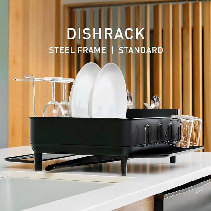 simplehuman Steel Frame Dishrack, Large Capacity Dish Drying Rack, 360º Easy Drain Swivel Spout, Utensil & Wine Glass Holder, Anti-Residue Coating, Moisture Control Surface, Matte Black - Image 2