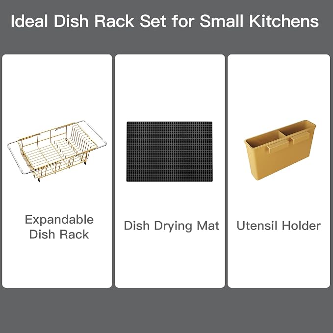 Gold Dish Drying Rack Over The Sink with Utensil Holder, Mat | Expandable Stainless Steel Dish Drainer for Small Kitchen, Apartment, RV, Counter Space Saving, Perfect Fit, Rustproof - Image 9