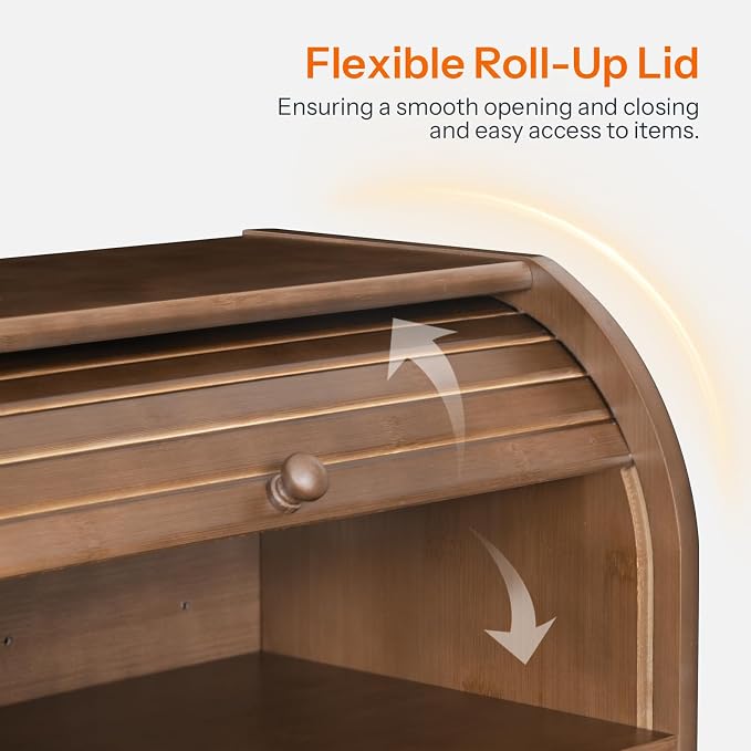 HOOBRO Bread Box, Bamboo Bread Box for Kitchen Countertop, 2 Tier Roll-Top Bread Bin, Food Storage Box, Large Capacity Keeper, Wooden Storage Cabinet, for Kitchen, Dining Room, Brown BR13MB01 - Image 6