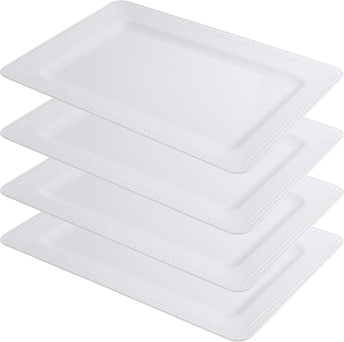 Melamine Beaded Serving Platters for Appetizer, Veggie, Charcuterie,Dessert, Set of 4, White Serving Trays for Party & Entertaining, Large Unbreakable Rectangular Party Platters, Dishes by ZAROCRUS