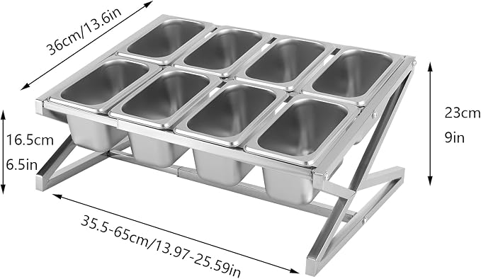 Expandable Stainless Steel Spice Rack Set ,13.98"-25.59" Adjustable Countertop Seasoning Containers, 2-Tier Inclined Organizer Shelf w/ 8 1/9 Pans for Sauce Ingredients Fruits Toppings (8 Pans) - Image 4
