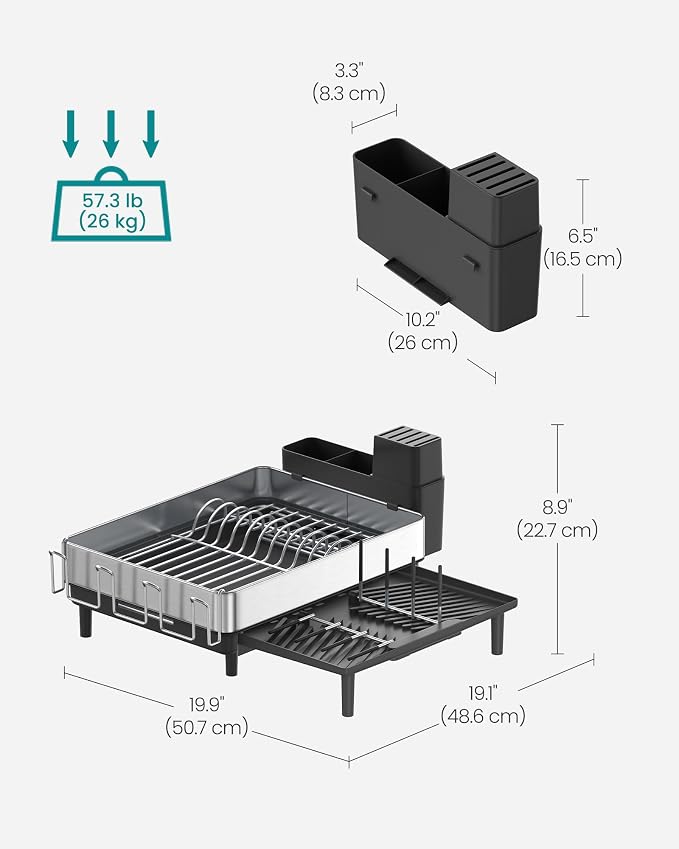 SONGMICS Large Dish Drying Rack, Expandable Dish Dryer for Kitchen Counter, Stainless Steel Dish Rack with Rotatable Spout, Utensil, Cup, Glass, Cutting Board, Pan Holders, Silver and Black UKCS037B01 - Image 4
