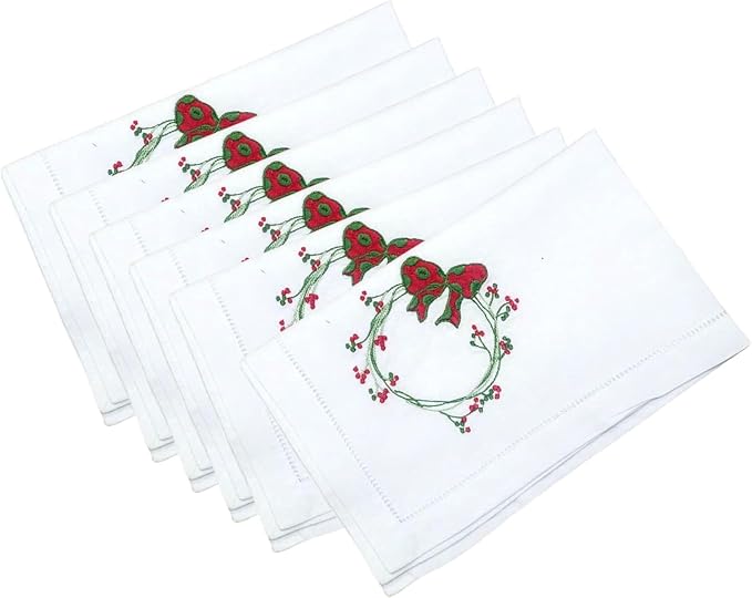 Embroidered Cloth Napkin Red Bow & Berry Wreath Christmas Cotton Napkins Set of 6, 20 x 20 Hemstitch Table Napkins, Machine Washable, Daily & Holidays, Great Gift Ideas by Unknown