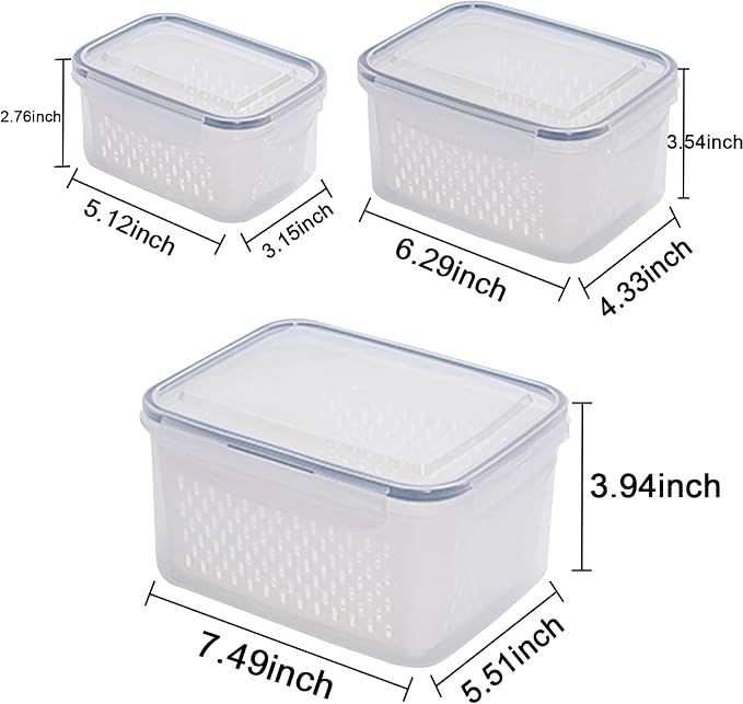 3Pack Fridge Food Storage Container Set with Lids with Strainer,Plastic Fresh Produce Saver Vegetable Fruit Meat Storage Organization, BPA-Free Plastic Produce Keepers(3.15L+1.7L+0.8L) - Image 4