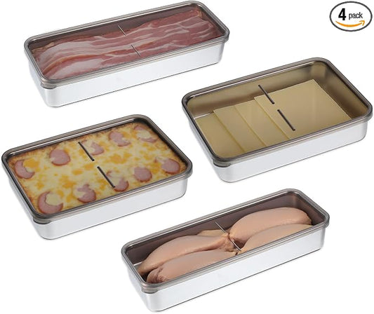 4 Pack Stainless Steel Bacon Cheese Container for Refrigerator Airtight Food Storage Containers Deli Meat Containers with Lids Dishwasher Safe Fridge Organizer Fruit Tray, 2 Sizes by Unknown