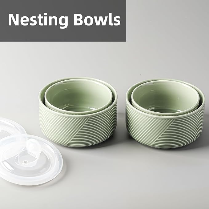 Ceramic Nesting Bowls with Lid, Microwave Safe, Set of 4, Green | Food Storage Containers for Work Lunch Picnic Camping Meal Prep Soup Salad Cereal Leftovers - 5 & 6 Inch, 20 & 32 oz - Image 6