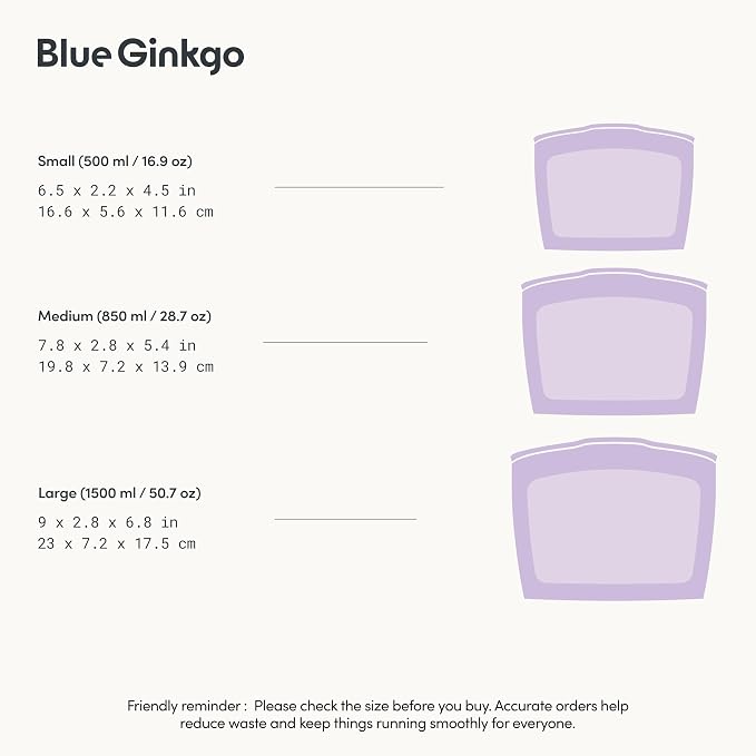 Blue Ginkgo Silicone Food Storage Bags, 3-Pack, Reusable, Made in Korea | Leakproof. Stand Up. Freezer and Dishwasher Safe. (Lavender) - Image 3