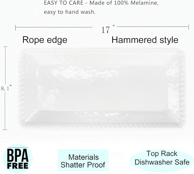 KX-WARE 17-Inch Melamine Serving Tray/Platters Set of 4, White & Rectangular | 100% Melamine,Dishwasher Safe,BPA Free - Image 2