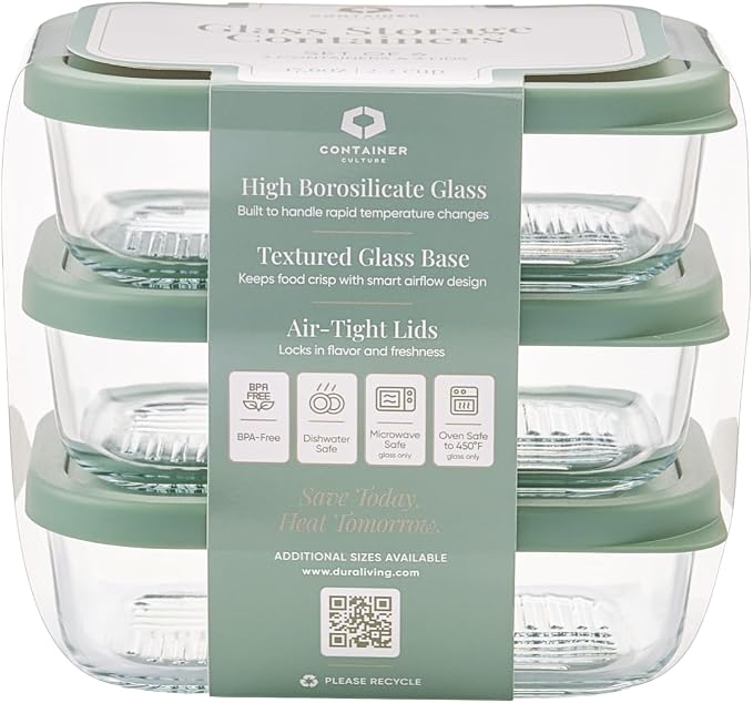 Glass Food Storage Containers with Lids — 6 Piece — 17.6 oz Glass with BPA-Free Leakproof Stackable Lids — Microwave, Oven & Dishwasher Safe — Ideal for Meal Prep & More - Soft Sage - Image 2