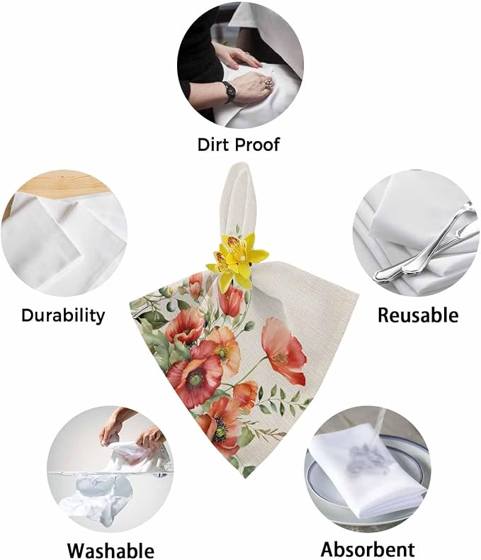 Eucalyptus Poppies Dinner Napkins Cloth Set of 6, Premium Polyester Napkins 20 x 20 Inch, Country Rustic Botanical Flower Plant Washable and Reusable Table Napkins for Wedding Cocktail Hotel - Image 6