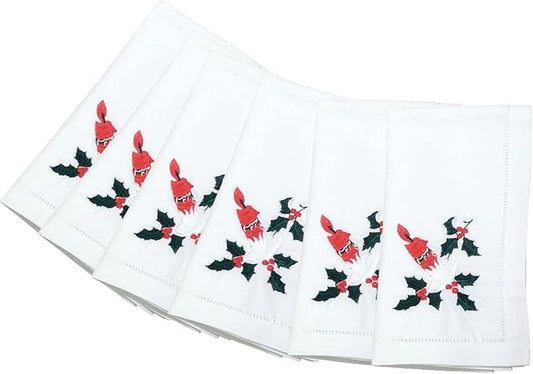 Embroidered Cloth Napkin Candle & Holly Christmas Cotton Napkins Set of 6, 20 x 20 Hemstitch Table Napkins, Machine Washable, Daily & Holidays, Great Gift Ideas by Unknown