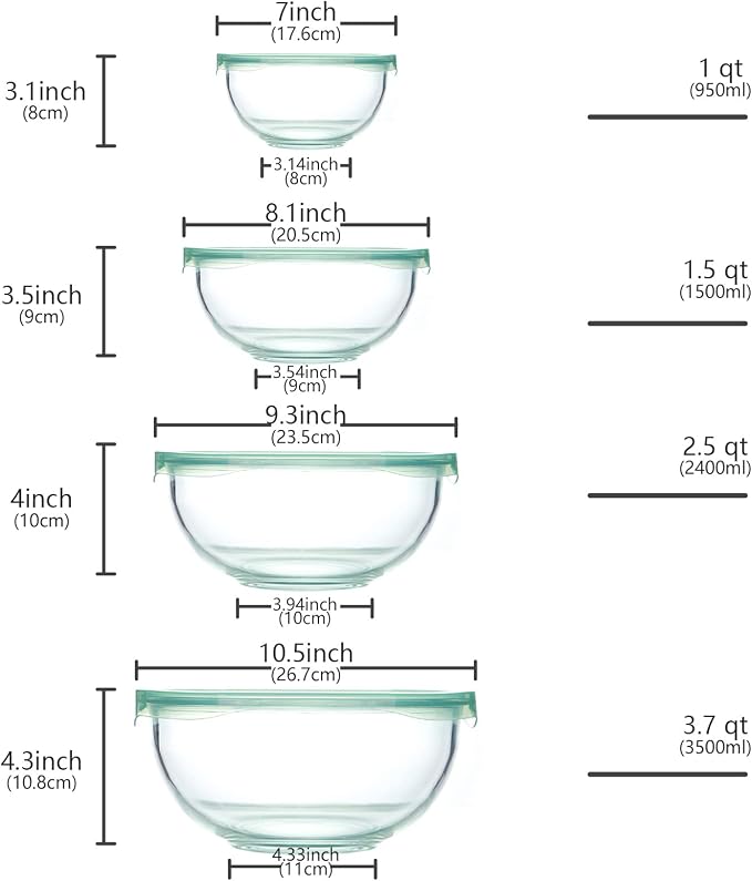 Luvan Glass Mixing Bowl with Airtight Lids, (1QT, 1.5QT, 2.5QT, 3.7QT), 8-piece Kitchen Salad Bowls Clear Nesting Big Cooking Bowl, Microwave Oven Safe for Meal Prep,storage,Baking,Serving - Image 2
