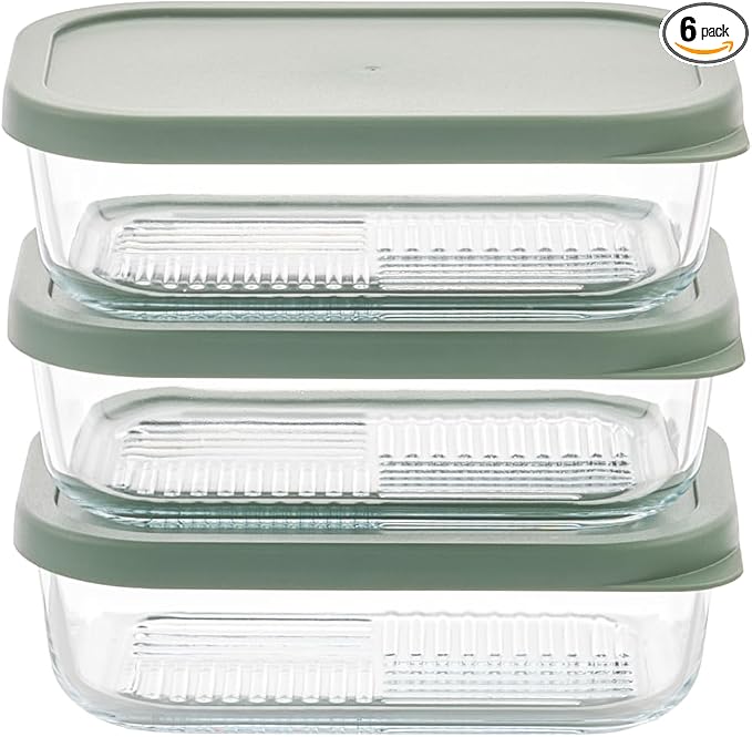 Glass Food Storage Containers with Lids — 6 Piece — 17.6 oz Glass with BPA-Free Leakproof Stackable Lids — Microwave, Oven & Dishwasher Safe — Ideal for Meal Prep & More - Soft Sage by DuraLiving