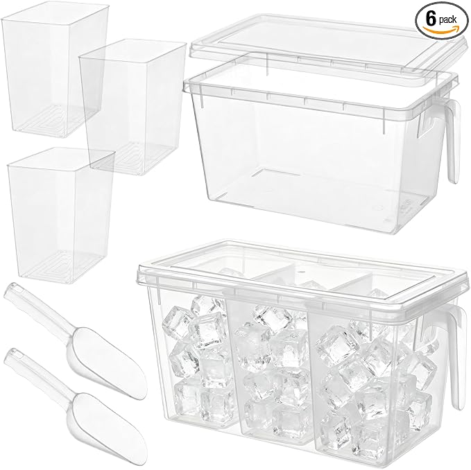 CIEOVO 2 Set 3 Divided Ice Bin for Freezer with Lid and 2 Scoop Set Plastic Freezer Ice Bin with Pull-Out Handle Clear Storage Bucket Kitchen Food Storage Organizer for Home Office Fridge Kitchen by CIEOVO