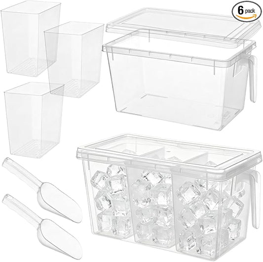 CIEOVO 2 Set 3 Divided Ice Bin for Freezer with Lid and 2 Scoop Set Plastic Freezer Ice Bin with Pull-Out Handle Clear Storage Bucket Kitchen Food Storage Organizer for Home Office Fridge Kitchen by CIEOVO