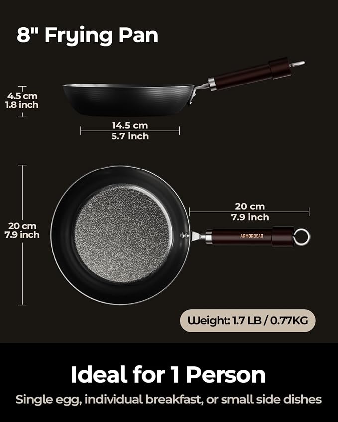 8 Inch Self-Seasoning Nitrided Carbon Steel Pan, Small Skillet for Eggs Camping and Individual Cooking Portions, Pre-seasoned, Wooden Handle, PFAS Free - Image 2