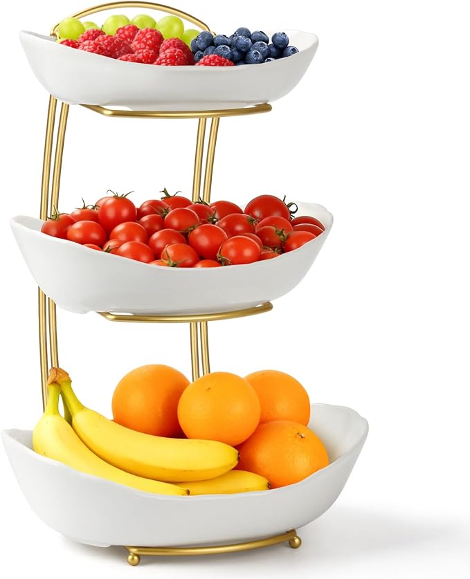 Ceramic Fruit Bowl for Kitchen Counter, Fruit Basket with Metal Stand, Tiered Fruit Rack for Countertop, Modern Serving Bowl for Party Dessert, Vegetable, Snack (White) by Unknown
