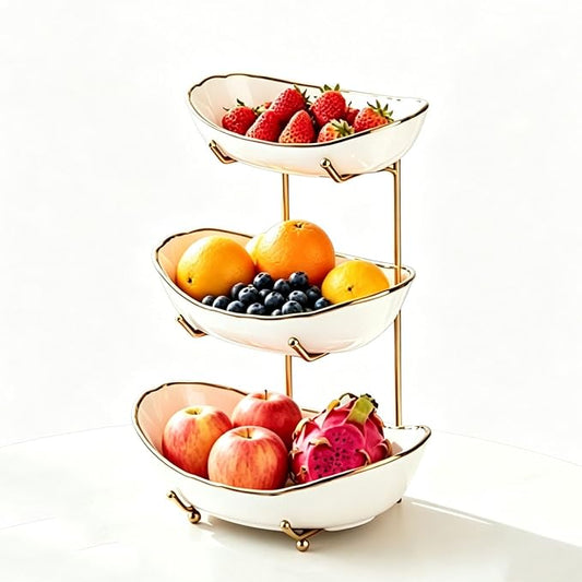 3-Tier Fruit Bowls for Kitchen Counter,Ceramic White Bowl with Gold Metal Stand,3 Tier Fruit Basket for Fruit,Snack,Cake,Nuts,Dessert Storage by Afeyibu