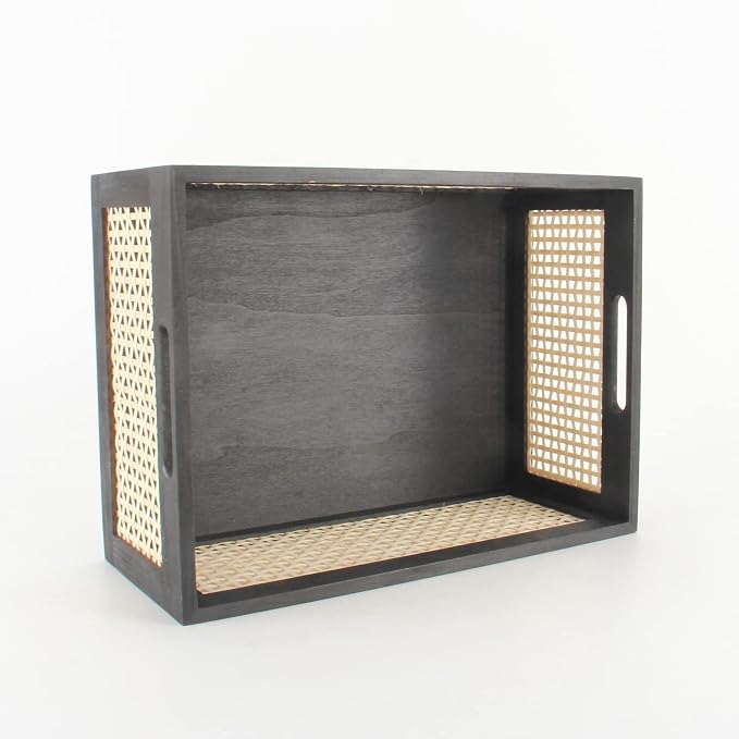 Black Wooden Basket, Rattan Storage Basket for Organizing, 14.96"x11.02"x6.30" - Image 2