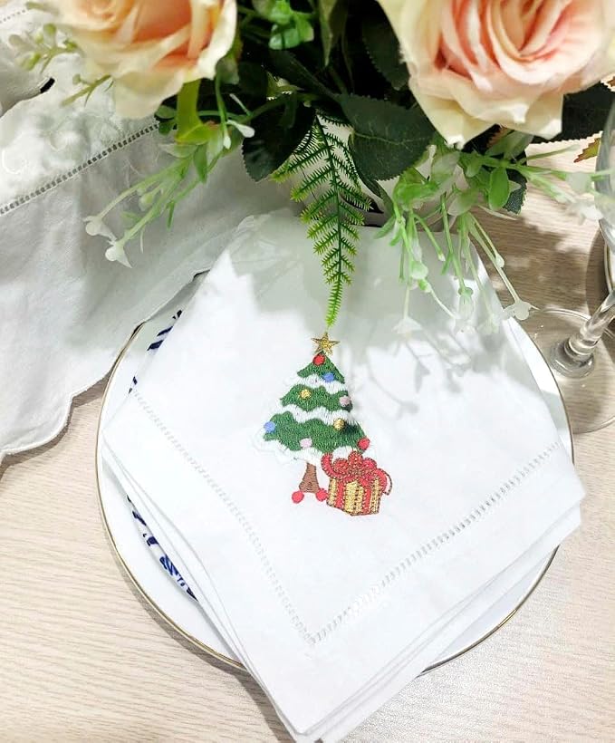 Embroidered Cloth Napkin Christmas Tree and Gift Box Cotton Napkins Set of 6, 20 x 20 Hemstitch Table Napkins Machine Washable, Daily & Holidays, Great Gift Ideas - Image 7