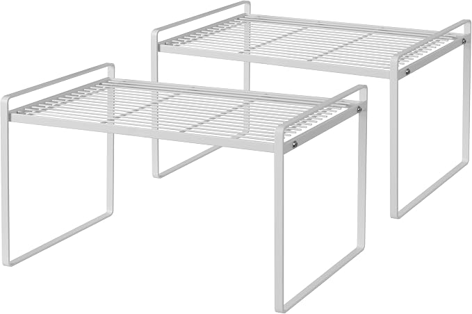 Shantton Cabinet Shelf Organizer, Pantry Shelf Rack, White 16.1x10.6x9.5 | 2-Pack Stackable Metal Riser Holds 40LBS with Non-Slip Feet for Kitchen Pantry Bathroom Countertop Freezer Cupboard by Shantton