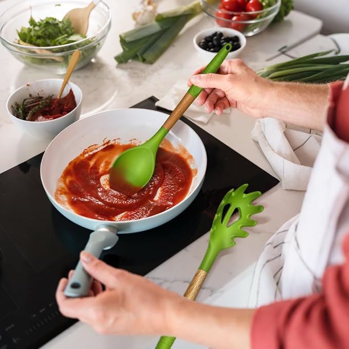 Green Silicone Kitchen Utensil Set – 10-Piece Cooking Tools with Wooden Handles & Ventilated Bamboo Holder, Heat-Resistant Silicone, Nonstick Safe, BPA-Free Kitchen Gadgets Set – Sage Green - Image 5