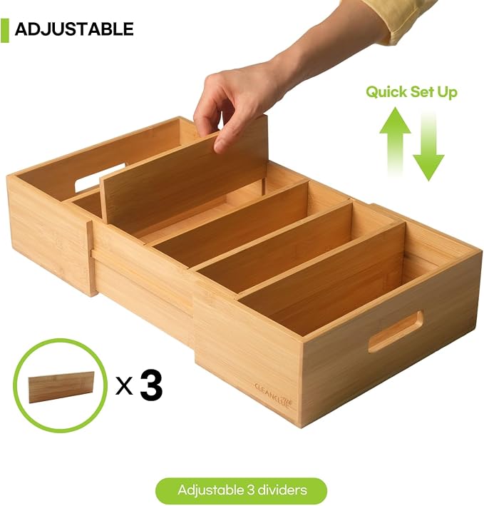 CLEANCLUE Expandable Kitchen Cabinet Organizer for Food Storage Container Lids, Bamboo Drawer Caddy Adjustable Dividers, Box for Kitchen Storage and Organization, Lids Organizer for Cabinet (Natural) - Image 3
