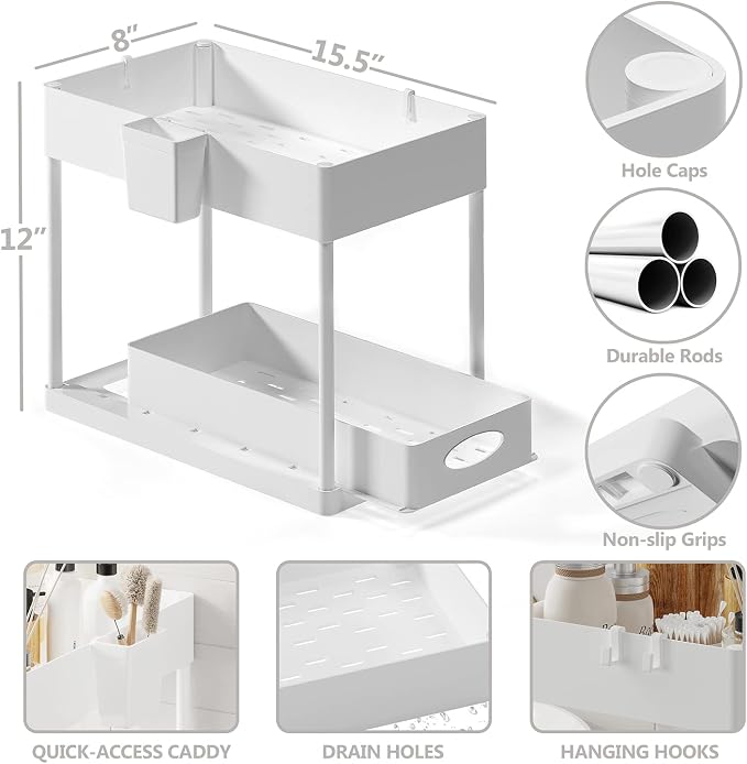 Under Sink Organizers and Storage, Bathroom Cabinet Organizer, Sink Shelf with Utility Hooks and Side Caddy for Under Cabinet Storage | Under Kitchen Sink Organizer with Sliding Drawer, White (1-Pack) - Image 7