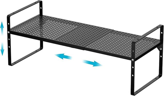 Large Expandable Cabinet Storage Shelf Organizer Rack, Heavy Duty Stackable Steel Metal Spice Rack Adjustable Height Office Pantry Garage Shelves for Counter Kitchen, Black - 1 Pack by iPEGTOP