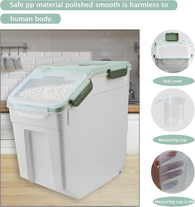 Large Flour Storage Container Bin 25lb, 4Pack Airtight Rice Storage Containers with Wheels Seal Locking Lid, BPA Free with Measuring Cup&Scoop for Flour, Rice, Grain(Green) - Image 4