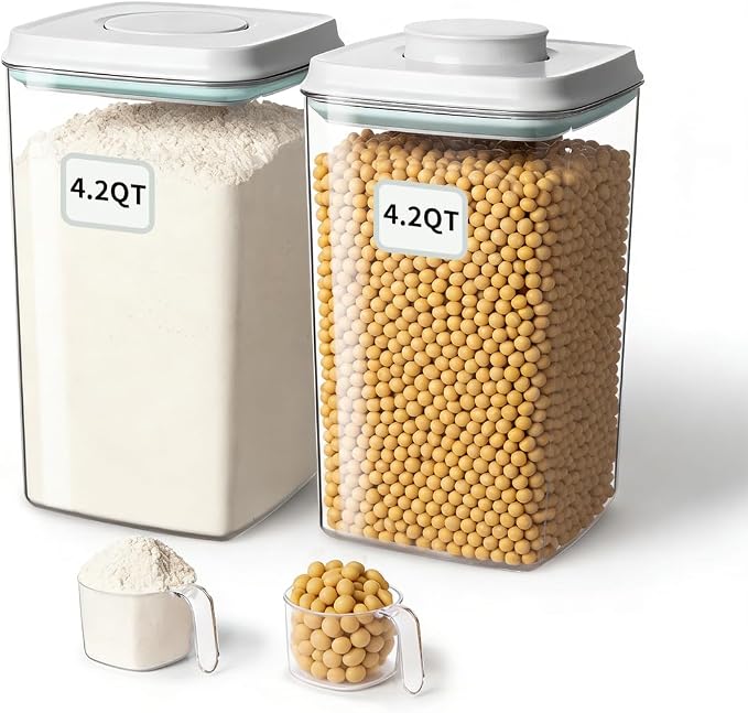 Airtight Food Storage Containers Set with One-Touch Lid, 2-Pack (4.22 QT / 4.0 L) Tall Stackable Durable PET for Bulk Rice, Flour & Baking Essentials Organizer. by EQI