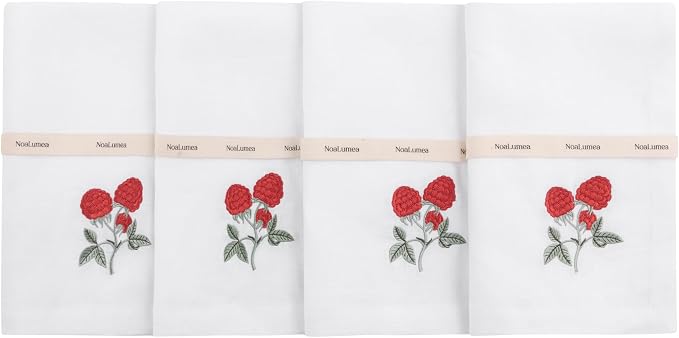 Linen Napkins Set of 4-100% Pure White Linen Embroidered Dinner Napkins 19 x 19 Inch for Spring, Summer, Memorial Day (Berry Harvest Collection) by Noalumea