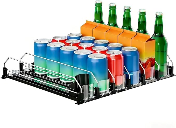 6 Rows Black Drink Organizer for Fridge, 3rd Gen Refrigerator Organizers and Storage, Automatic Pusher Glide and Adjustable Width Can Organizer for Refrigerator - Holds up to 30 Cans by KuukikvDirect