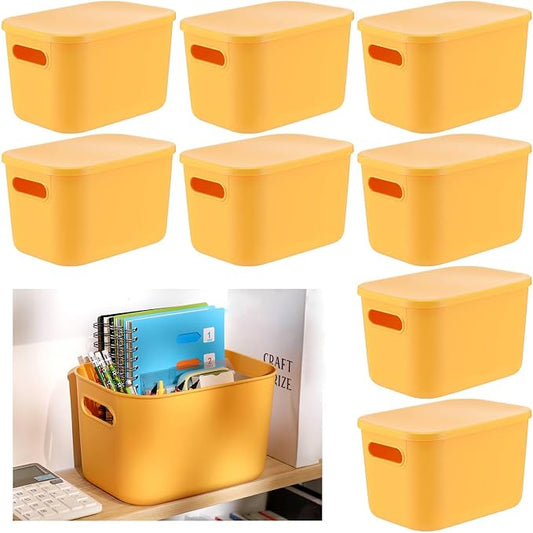 8 Pieces Colorful Storage Bins with Lid, Plastic Storage Basket Organizing Container Stackable Box with Handle for Shelves Desktop Playroom Office(10.2 x 7 x 6.3 Inch,Yellow) by Hoolerry
