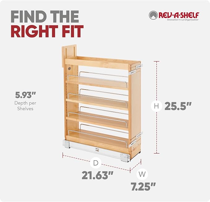 Rev-A-Shelf Maple Pullout Organizer w/Blum Soft-Close for Frameless Full-Height Base Cabinets, Full Extension Slides & Adjustable Shelves, Min Opening Width of 7.5", 448-BCSC-6C - Image 3