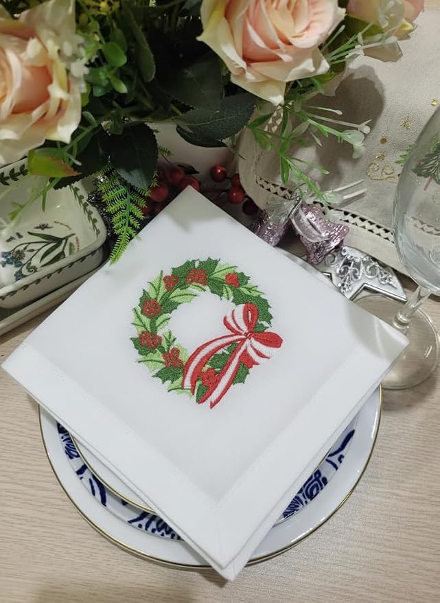 – Embroidered Cloth Napkin Holly Christmas Wreath Cotton Napkins Set of 6, 20 x 20”, Hemstitch Table Napkins, Machine Washable, Daily & Holidays, Great Gift Ideas - Image 6