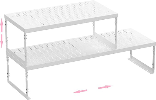 Stackable Expandable Metal Shelf Organizer - Adjustable Wire Storage Rack with Holes for Kitchen, Bathroom, Cabinet, Office - Space Saving, Durable & Sturdy Design（2PACKS/Large/White by HOMEPAGE