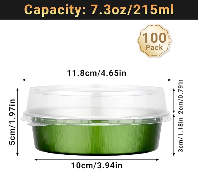 Beasea Mini Disposable Cupcake Pans with Lids, 100 Pack 7.3oz Aluminum Foil Baking Cups Tart Pie Tins, Small Round Tart Containers for Individual Dessert Muffin Cheesecake Quiche - Avocado Green - Image 2