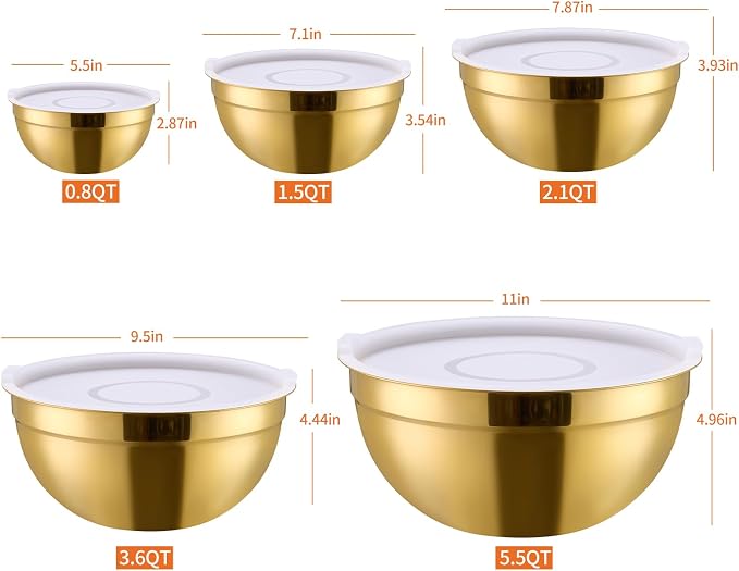 Gold Mixing Bowls with Airtight Lids, Stainless Steel Nesting Mixing Bowls Set of 5, Ideal for Baking, Prepping and Serving Food, Size 5.5, 3.6, 2.7, 2.1, 1.5, QT, Stackable Design - Image 2
