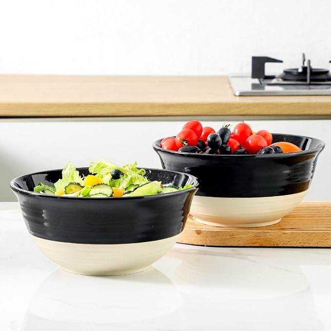 HASENSE Large Ceramic Serving Bowls Set of 2, 84 Oz 9 Inch Black & Beige Stoneware Mixing Bowls, Farmhouse Bowls for Salad, Soup, Popcorn & Baking, Dishwasher & Microwave Safe - Image 7