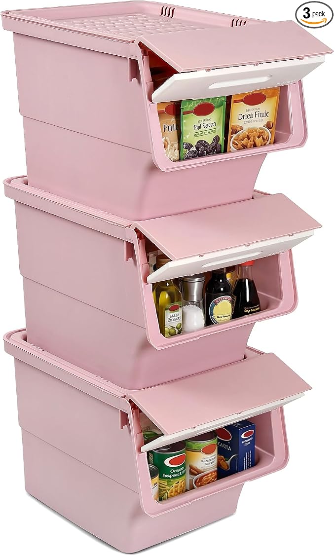 GIANTEX 3 Pack Plastic Stackable Storage Bins with Lids & Wheels, 35 QT | Open Front Stacking Bins, Organizer Bins for Pantry, Kitchen, Laundry, Closet, Playroom, Bedroom Organization by Giantex