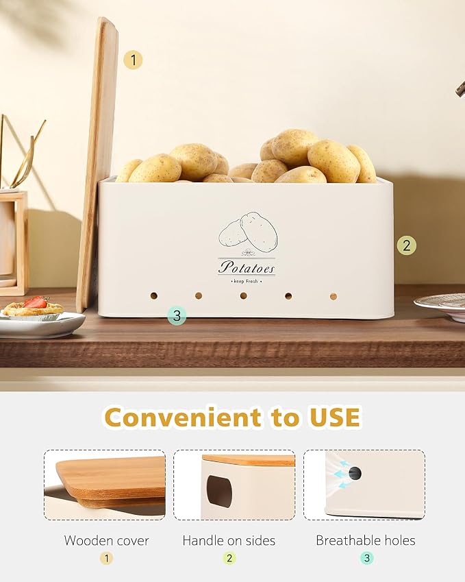Kitchen Vegetable Storage Tins Set of 3 for Potatoes, Onion, Garlic, Vegetable Storage Containers with Ventilation and Bamboo cover, White metal material, Potato and Onion bin for Pantry - Image 3