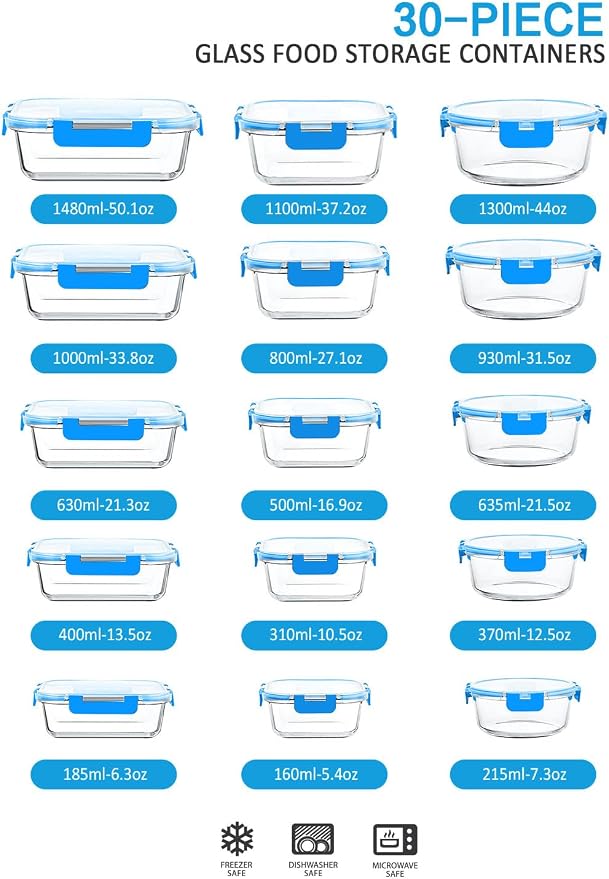 M MCIRCO 30 Pieces Glass Food Storage Containers with Upgraded Snap Locking Lids,Glass Meal Prep Containers Set - Airtight Lunch Containers, Microwave, Oven, Freezer and Dishwasher Friendly, Blue - Image 2