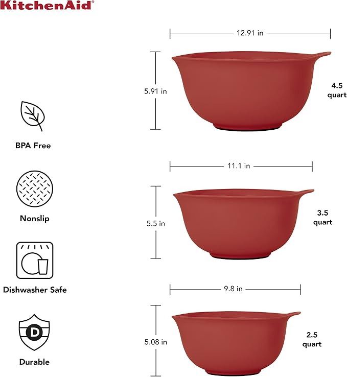 KitchenAid Universal Mixing Bowls, Set Of 3, Empire Red - Image 3