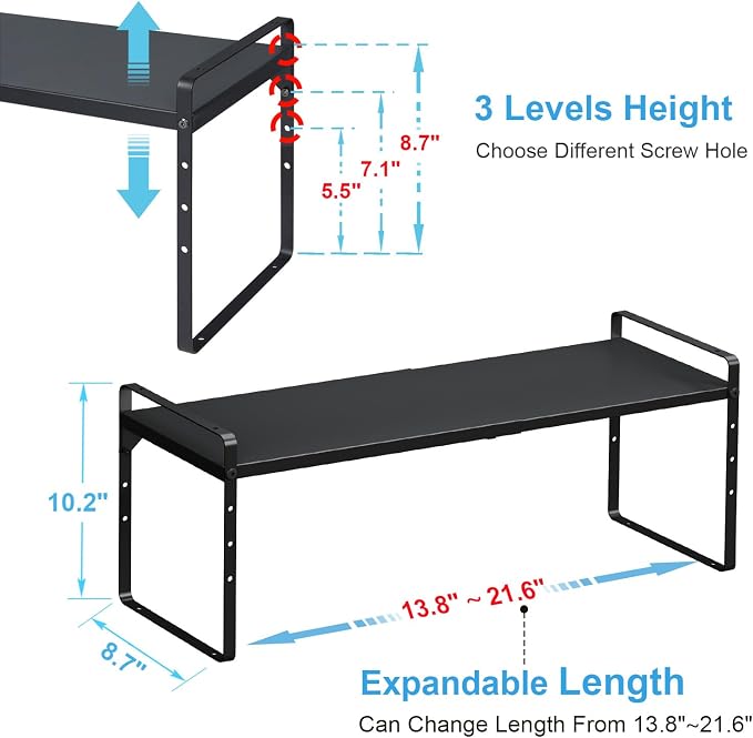 Set of 2 Expandable Cabinet Shelf Organizer, Stackable Kitchen Countertop Shelves Spice Racks, Small Metal Storage Shelf For Cupboard Counter Tabletop, 30 LBS Heavy Duty, Adjustable, 13.8" to 21.6" - Image 2