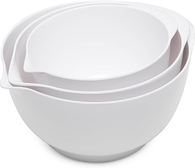 Nesting Mixing Bowls Set, 3 Piece Melamine Bowls Set, 2.5 quart, 3.5 quart, 4.5 quart, Non Slip Base with Easy Pour Spout, Kitchen Cooking and Baking Supplies, White - Image 2