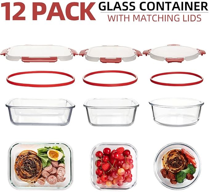 12 Pack Glass Storage Containers Transparent, Stackable Design Meal Prep Containers for Food Storage, Home, Kitchen & Pantry Organization, Microwave/Freezer/Dishwasher Safe - Image 3