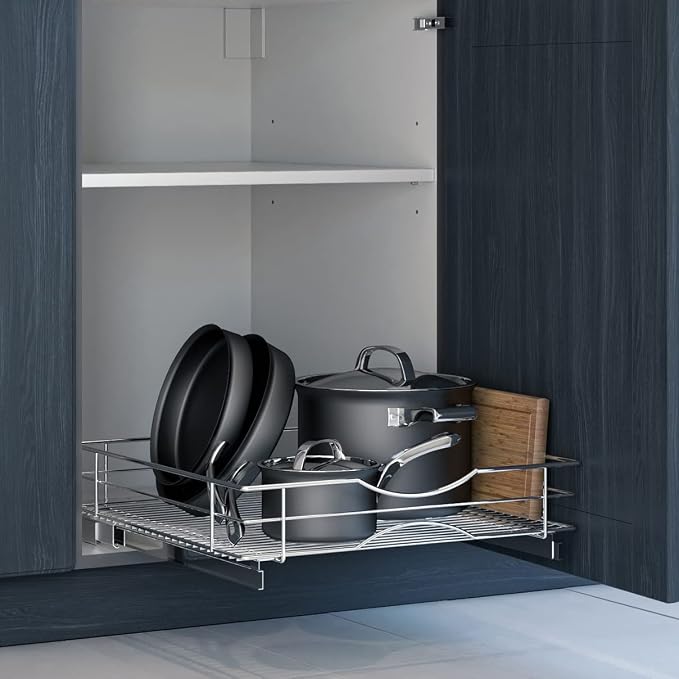 Home Zone Living Pull Out Kitchen Cabinet Organizer | Steel Frame with Handle for Easy Access, 21" x 20" x 5.55", Chrome - Image 2
