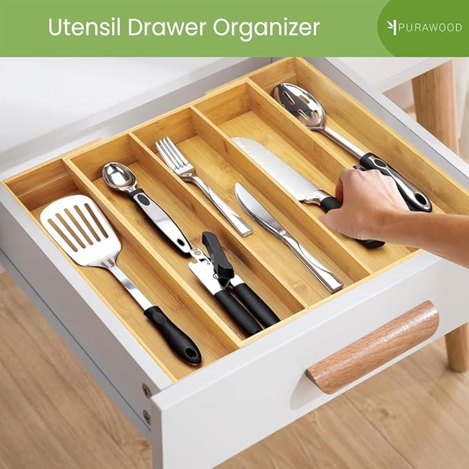 Purawood Kitchen Drawer Organizer - Expandable Utensil Drawer Organizer for Kitchen, Cutlery Tray & Silverware Organizer, 3-5 Slots - Bamboo Organizer for Utensils & Flatware (Natural) - Image 5