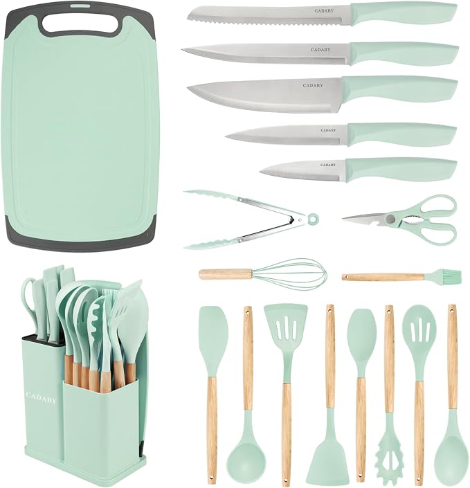 19PCS Green Kitchen Cooking Utensils Set Kitchen Tools Set | 6 Stainless Steel Knives, 11 Silicone Utensils with 1 Cutting Board, Ideal for Apartment by CADABY